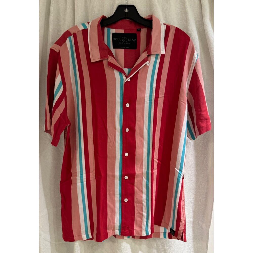 Soul Star England 100% Viscose Men's S/S Button Shirt XL Red/White/Blue Striped